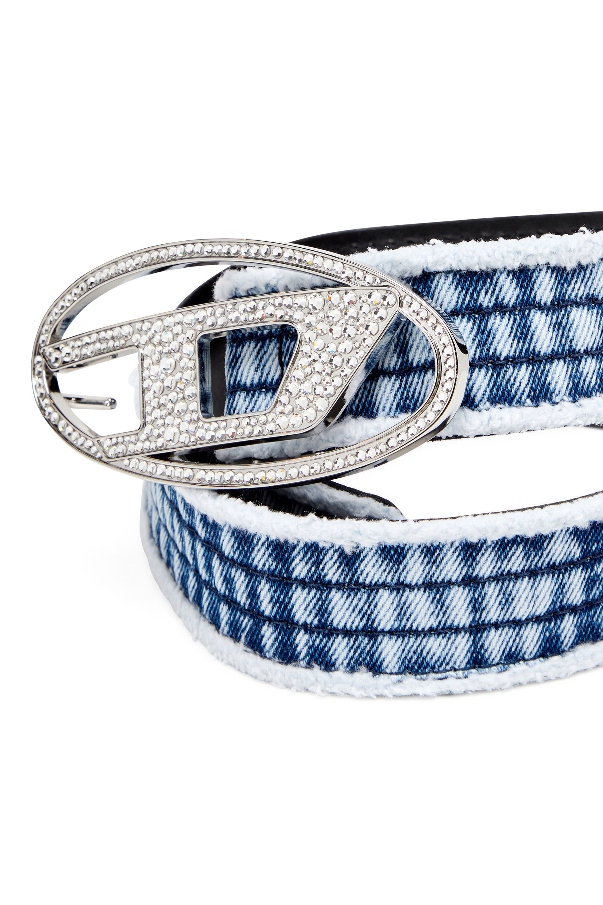 Diesel - B-1DR STRASS, Woman's 3.9cm denim and leather belt with crystal buckle in Blue - 3