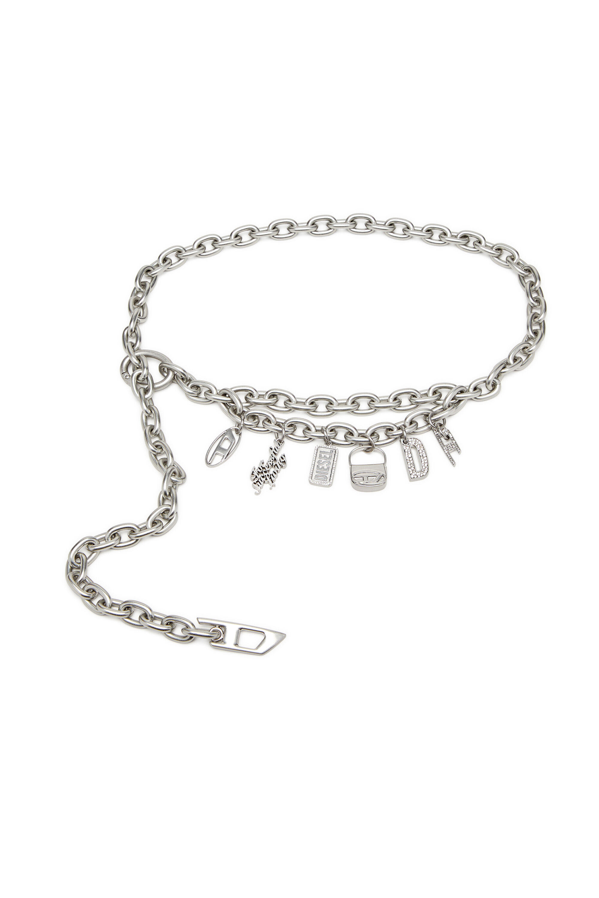 Diesel - B- MULTICHARM CHAIN, Woman's 1cm chain belt with logo charms in Silver - 1