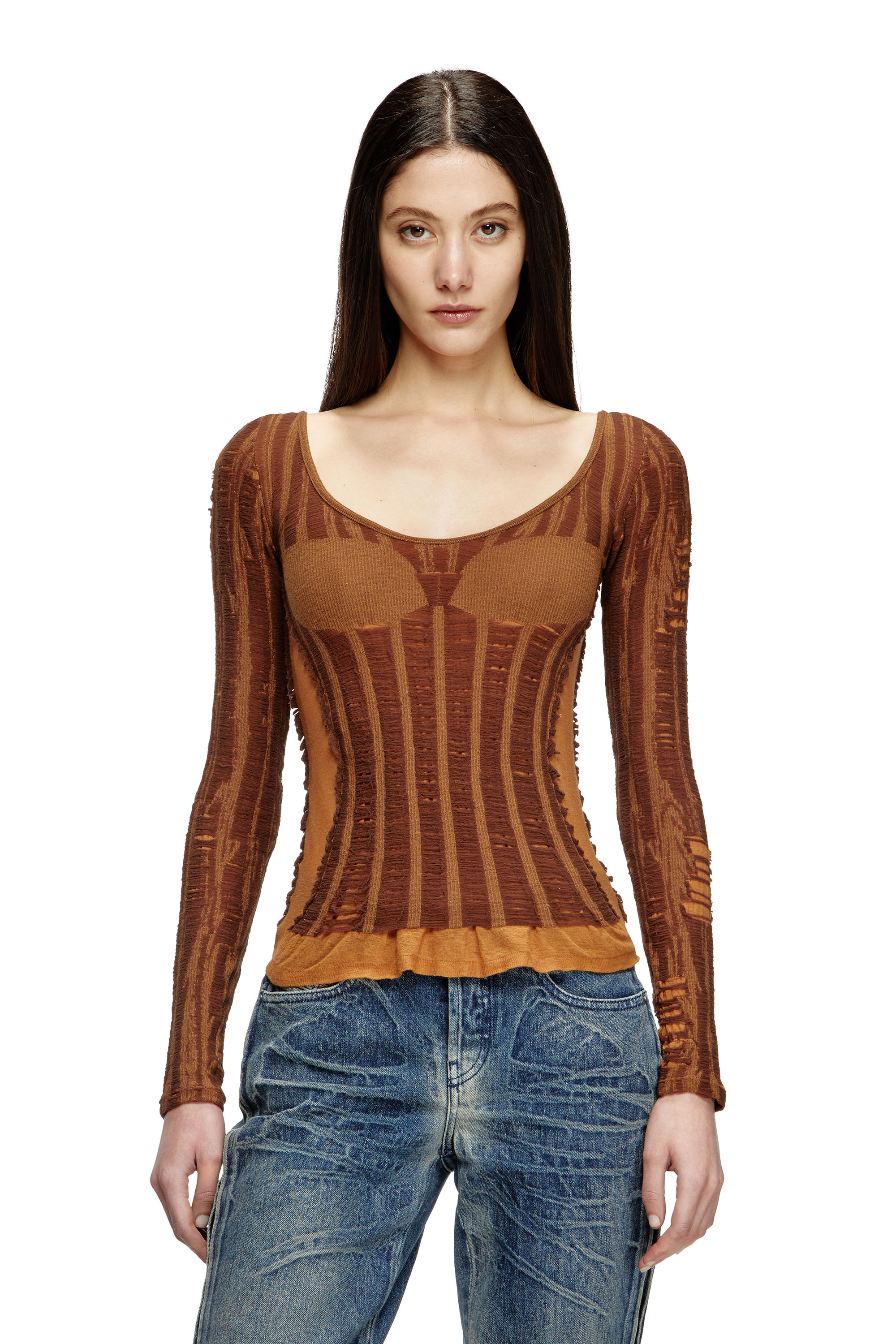 Diesel - M-CALAI, Woman's Seamless top with lingerie illusion in Brown - 1