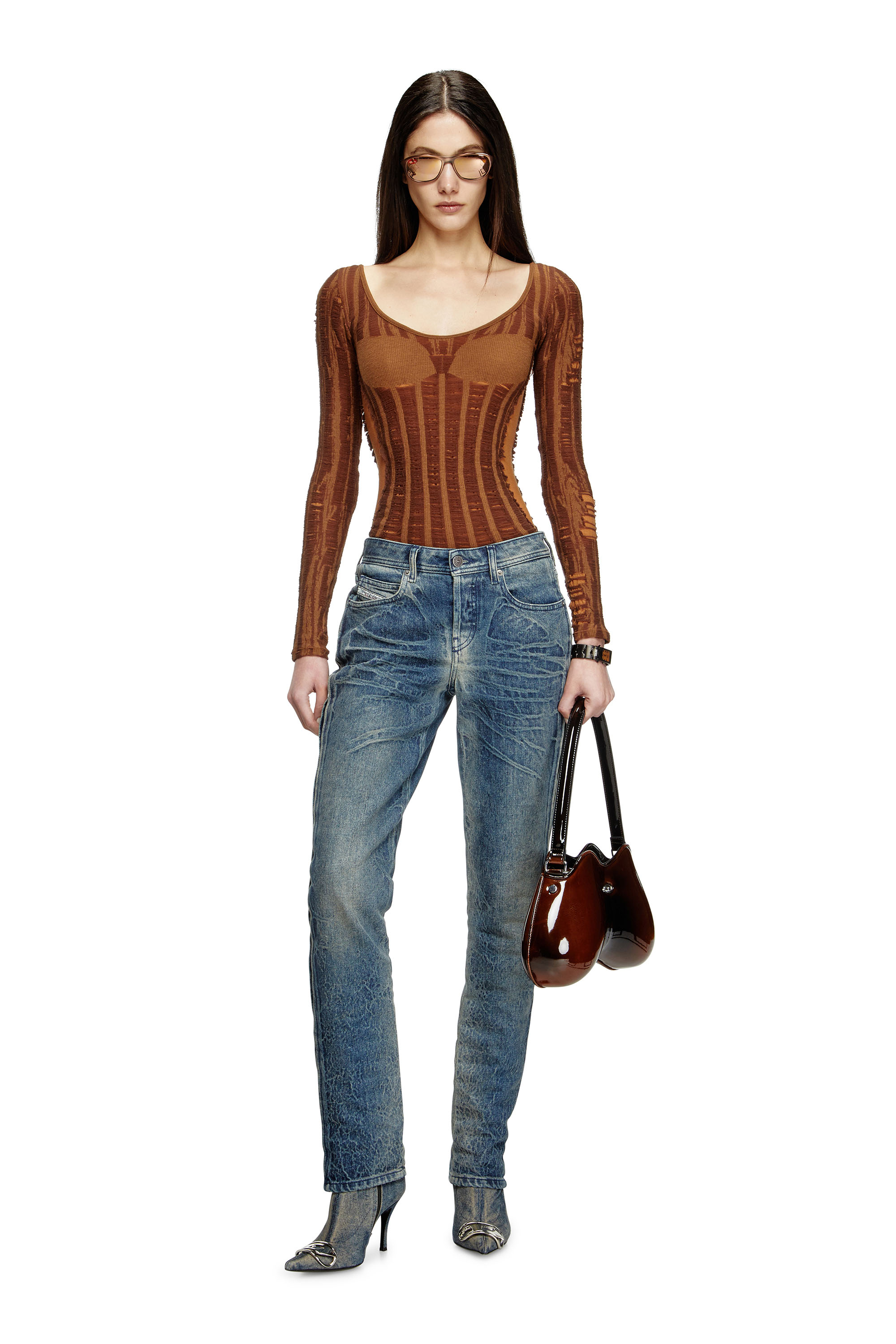 Diesel - M-CALAI, Woman's Seamless top with lingerie illusion in Brown - 2